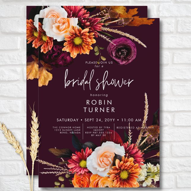 Dark Russet Boho Floral Burgundy Bridal Shower Invitation (Dark Russet Boho Floral Burgundy Bridal Shower Invitation)