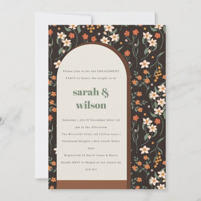 Dark Rust Groovy Retro Arch Floral Engagement Invitation (Front)