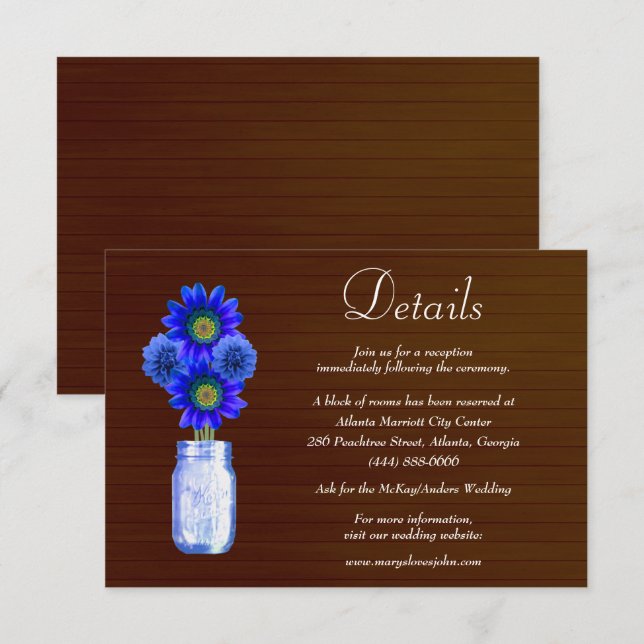 Dark Rustic Blue Floral Mason Jar Wedding Details Enclosure Card (Front/Back)