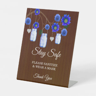 Dark Rustic Blue Floral Mason Jar Wedding Safety Pedestal Sign