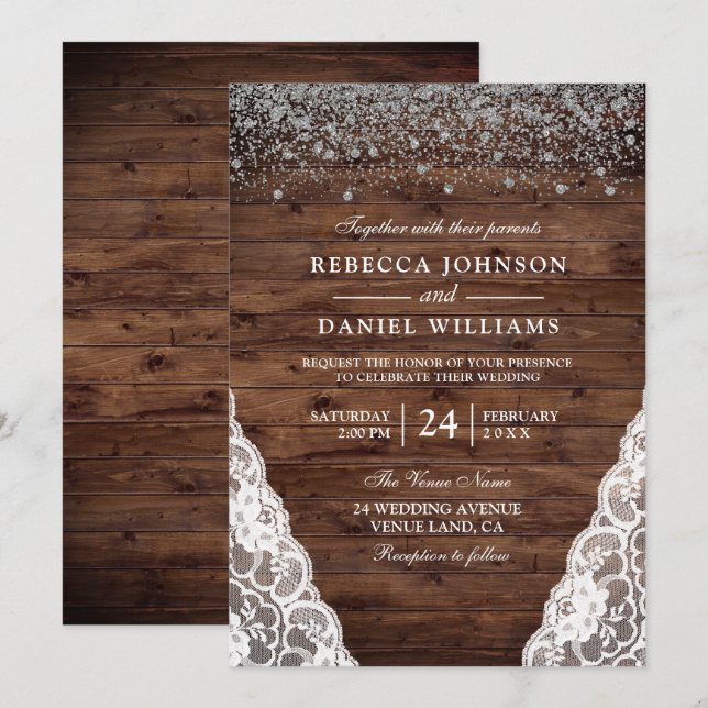 Dark Rustic Brown Wood Lace Wedding Invitation (Front/Back)