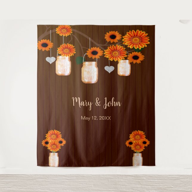 Dark Rustic Orange Floral Mason Jar Photo Backdrop Tapestry (Front)