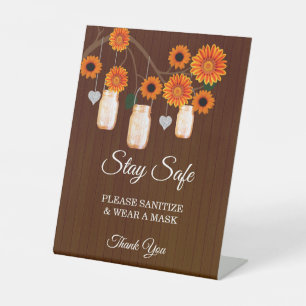 Dark Rustic Orange Floral Mason Jar Wedding Safety Pedestal Sign