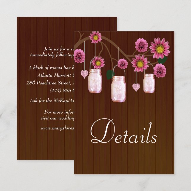 Dark Rustic Pink Floral Mason Jars Wedding Details Enclosure Card (Front/Back)