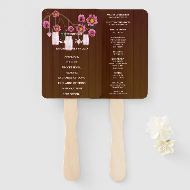 Dark Rustic Pink Floral Mason Jars Wedding Hand Fan (Front and Back)