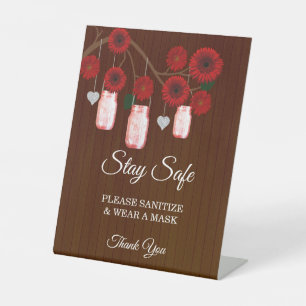 Dark Rustic Red Floral Mason Jar Wedding Safety Pedestal Sign