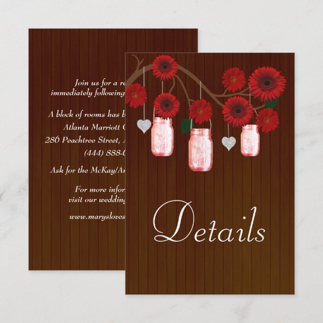 Dark Rustic Red Floral Mason Jars Wedding Details Enclosure Card (Front/Back)