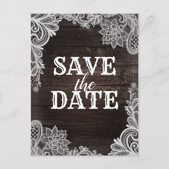 Dark Rustic Wood & Elegant Lace Save The Date Announcement Postcard (Front)