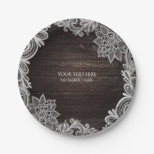 Dark Rustic Wood & Elegant Lace Wedding Paper Plate
