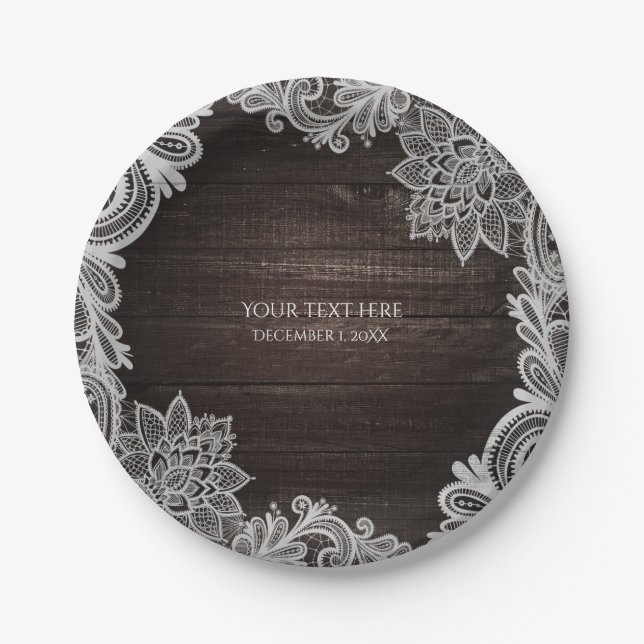 Dark Rustic Wood & Elegant Lace Wedding Paper Plate (Front)