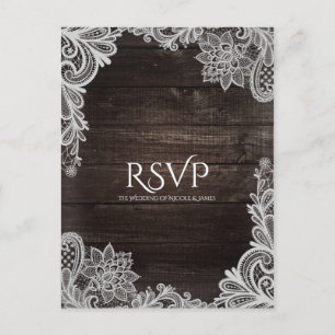 Dark Rustic Wood & Elegant Lace Wedding RSVP Invitation Postcard