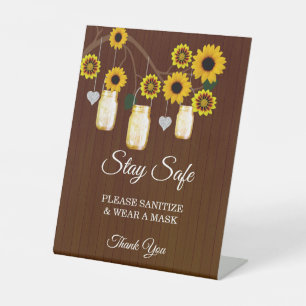 Dark Rustic Yellow Floral Mason Jar Wedding Safety Pedestal Sign