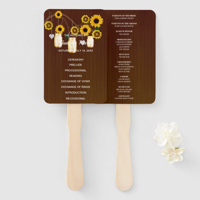 Dark Rustic Yellow Floral Mason Jars Wedding Hand Fan (Front and Back)