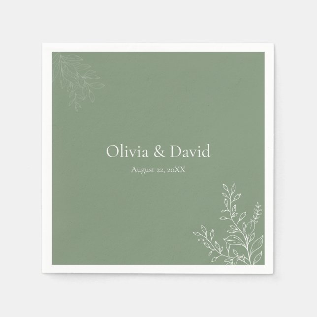 Dark Sage Green Botanical Wedding Napkin (Front)