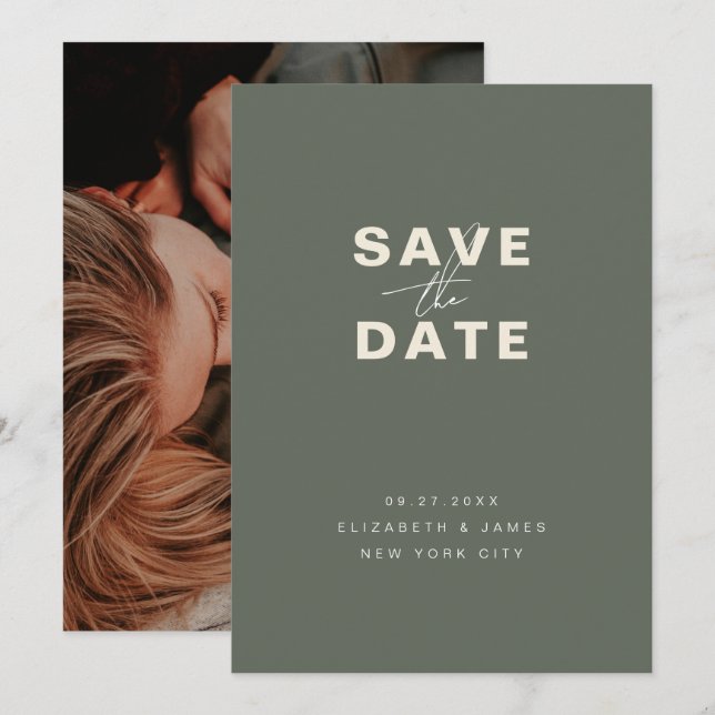 Dark Sage Green Modern Minimalist Wedding  Save The Date (Front/Back)