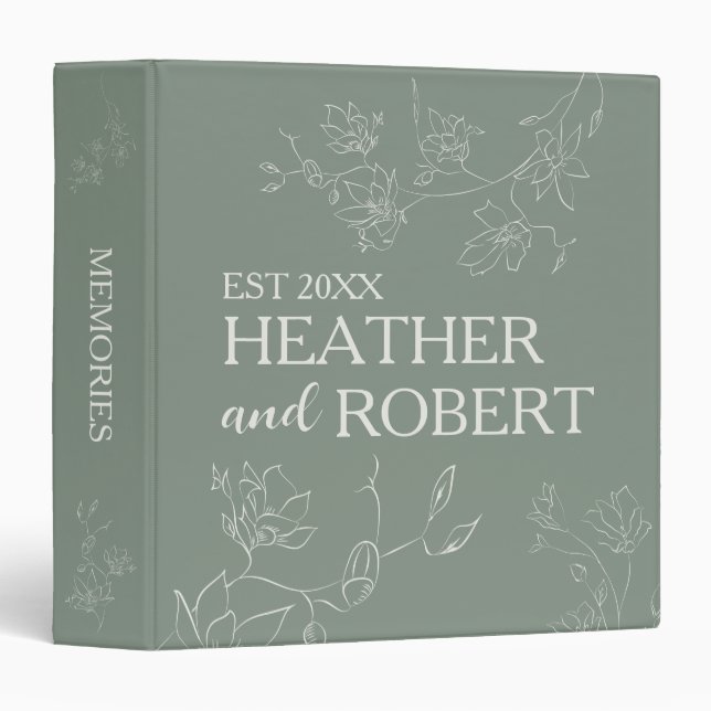 Dark Sage Green Personalized Floral Boho Wedding Binder (Front/Spine)