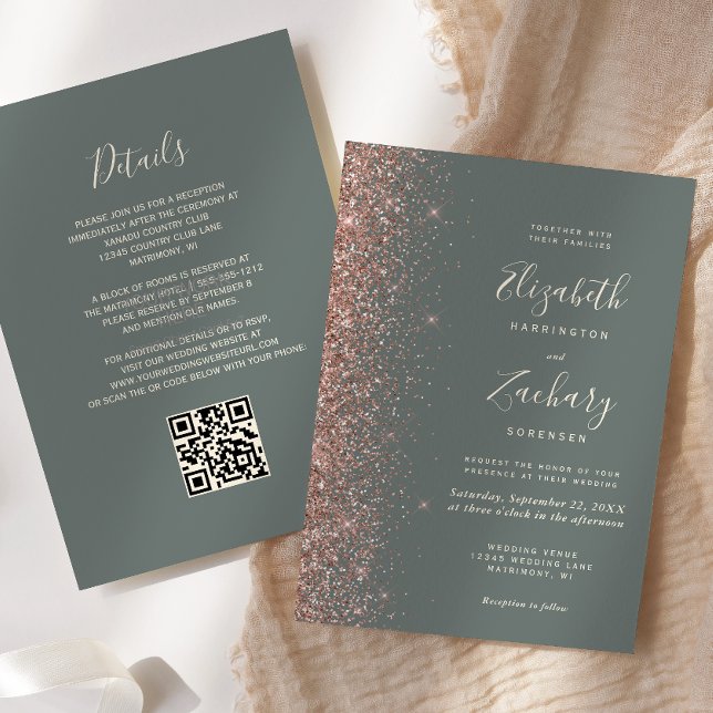 Dark Sage Green Rose Gold Glitter QR Code Wedding Invitation (Creator Uploaded)