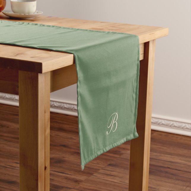 Dark Sage Green with Monogram Initial Short Table Runner (In Situ)