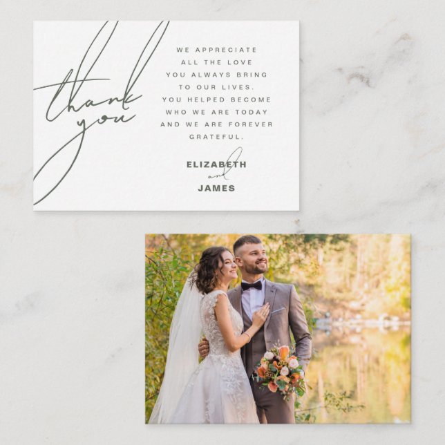 Dark Sage Minimalist Photo Wedding Thank You Card (Front/Back)