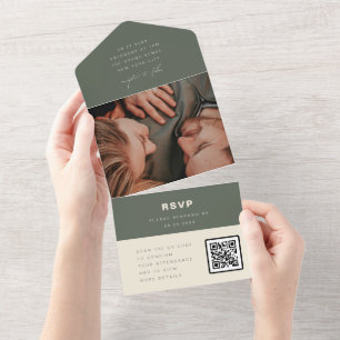 Dark Sage Minimalist Wedding Photo QR Code RSVP All In One Invitation