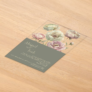 Dark Sage Pink & Sage Floral Peonies Acrylic  Acrylic Invitations