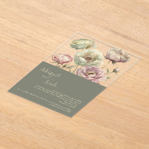 Dark Sage Pink & Sage Floral Peonies Acrylic  Invitations