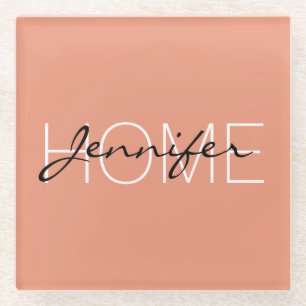 Dark salmon colour home monogram glass coaster