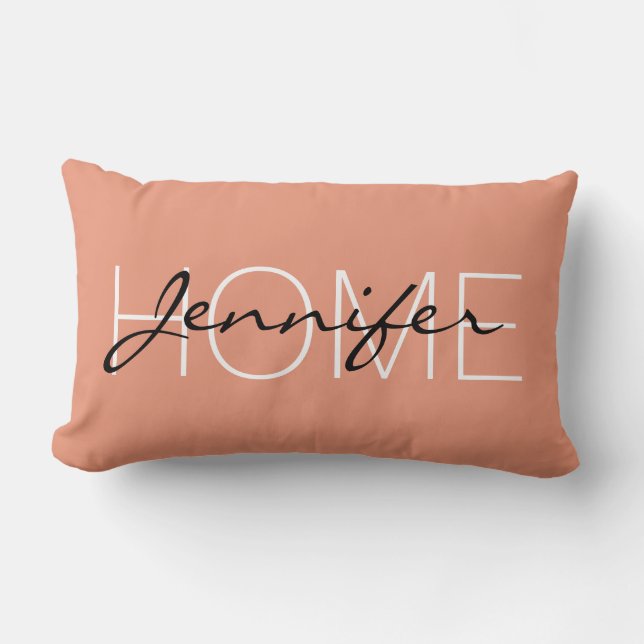 Dark salmon colour home monogram lumbar pillow (Front)
