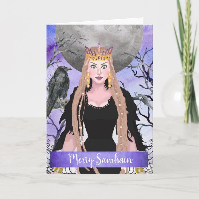 Dark Samhain Queen Purple Full Moon Holiday Card (Front)