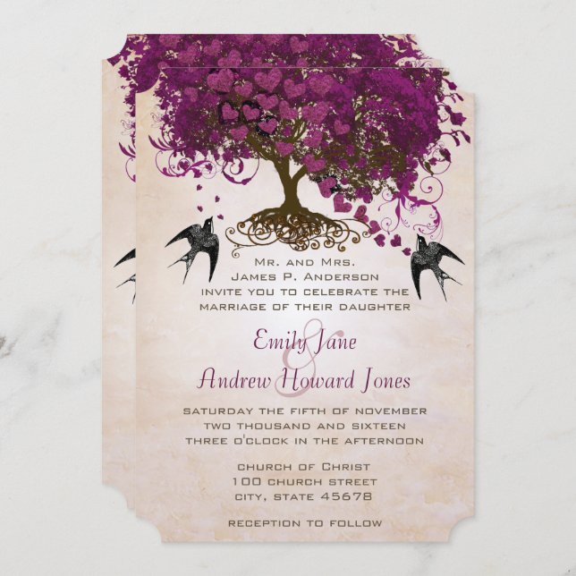 Dark Sangria Heart Leaf Tree Wedding Invites (Front/Back)