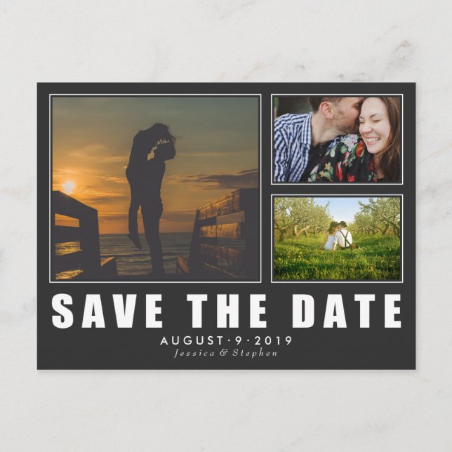 Dark Save The Date 3 Photo Modern Postcard (Front)