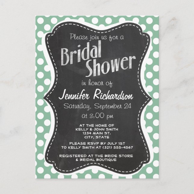 Dark Sea Green Polka Dots; Retro Chalkboard look Invitation Postcard (Front)