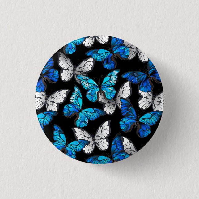 Dark Seamless Pattern with Blue Butterflies Morpho 1 Inch Round Button (Front)