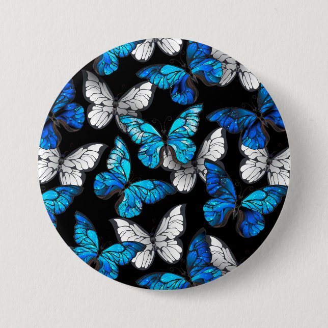 Dark Seamless Pattern with Blue Butterflies Morpho 3 Inch Round Button (Front)