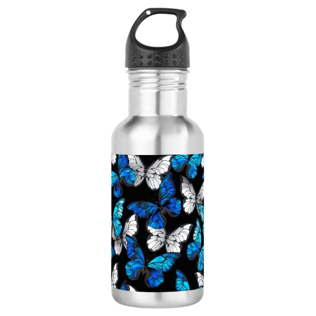 Dark Seamless Pattern with Blue Butterflies Morpho 532 Ml Water Bottle (Front)