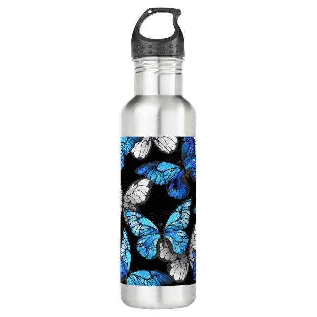 Dark Seamless Pattern with Blue Butterflies Morpho 710 Ml Water Bottle (Front)