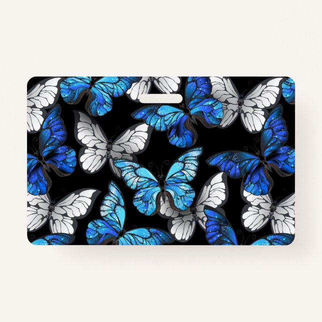Dark Seamless Pattern with Blue Butterflies Morpho Badge (Front)