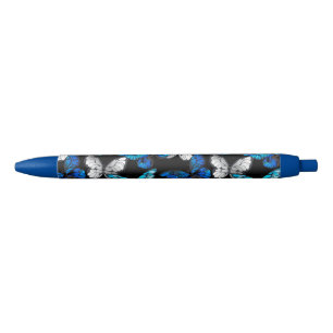 Dark Seamless Pattern with Blue Butterflies Morpho Black Ink Pen