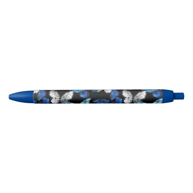 Dark Seamless Pattern with Blue Butterflies Morpho Black Ink Pen (Front)