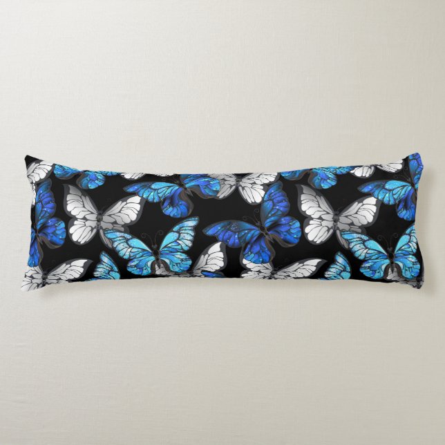 Dark Seamless Pattern with Blue Butterflies Morpho Body Pillow (Front)