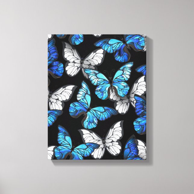 Dark Seamless Pattern with Blue Butterflies Morpho Canvas Print (Front)