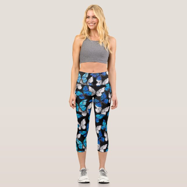 Dark Seamless Pattern with Blue Butterflies Morpho Capri Leggings (Front)
