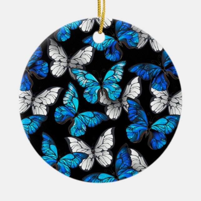 Dark Seamless Pattern with Blue Butterflies Morpho Ceramic Ornament (Front)