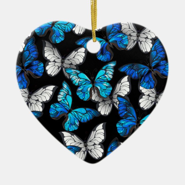 Dark Seamless Pattern with Blue Butterflies Morpho Ceramic Ornament (Front)