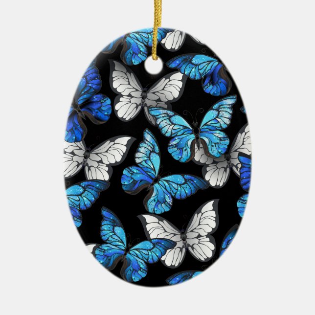 Dark Seamless Pattern with Blue Butterflies Morpho Ceramic Ornament (Front)