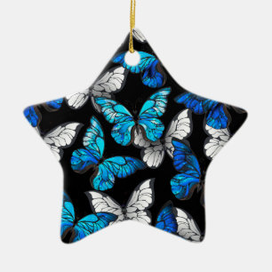 Dark Seamless Pattern with Blue Butterflies Morpho Ceramic Ornament