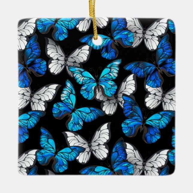 Dark Seamless Pattern with Blue Butterflies Morpho Ceramic Ornament (Front)