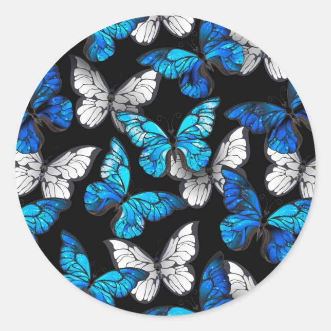 Dark Seamless Pattern with Blue Butterflies Morpho Classic Round Sticker (Front)