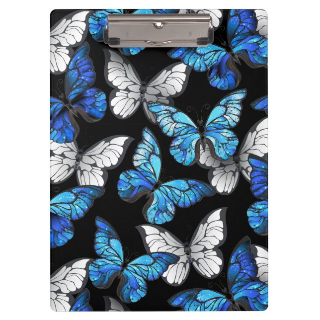 Dark Seamless Pattern with Blue Butterflies Morpho Clipboard (Front)