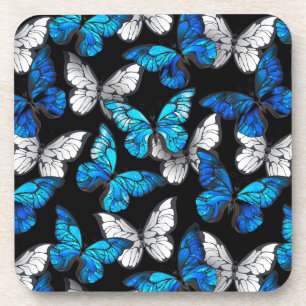 Dark Seamless Pattern with Blue Butterflies Morpho Coaster